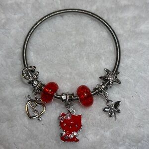 Silver Charm Bracelet with Red Beads and Cat Charm